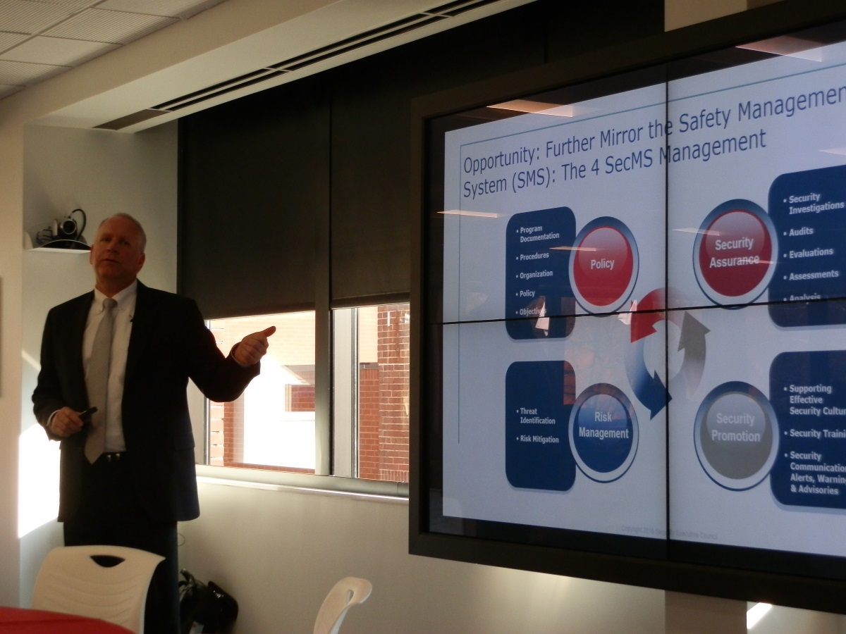 Randy Harrison, managing director of corporate security for Delta Airlines, discussing the four pillars of his security management system at the Security Executive Council's Next Generation Security Leader event.