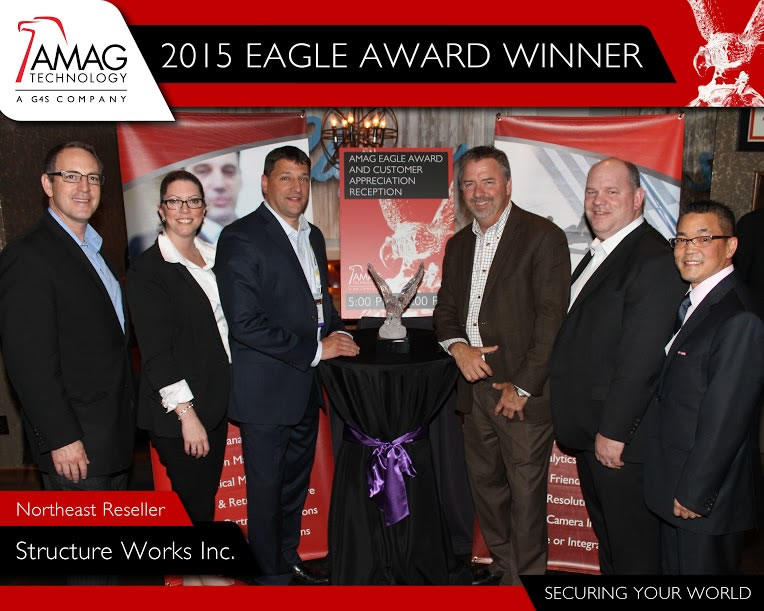 Structure Works, Inc. won the Northeast Reseller Eagle Award at AMAG's Eagle Award Reception held in Las Vegas. Pictured are AMAG Technology President, Matt Barnette, AMAG Vice President of Strategic Accounts, Jody Ross, Walter Cropley, Jim Muncey, and Frank Lloyd of Structure Works and AMAG Vice President of Sales, Kurt Takahashi.