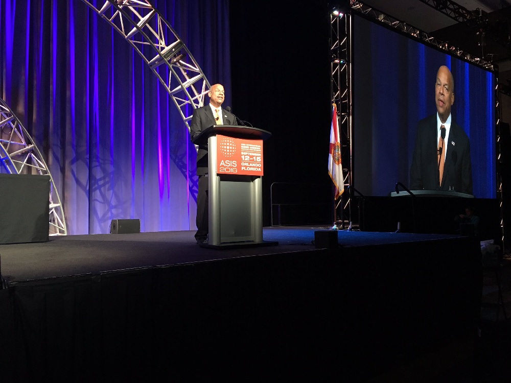 DHS Secretary Jeh Johnson addresses attendees at ASIS 2016 on Monday.