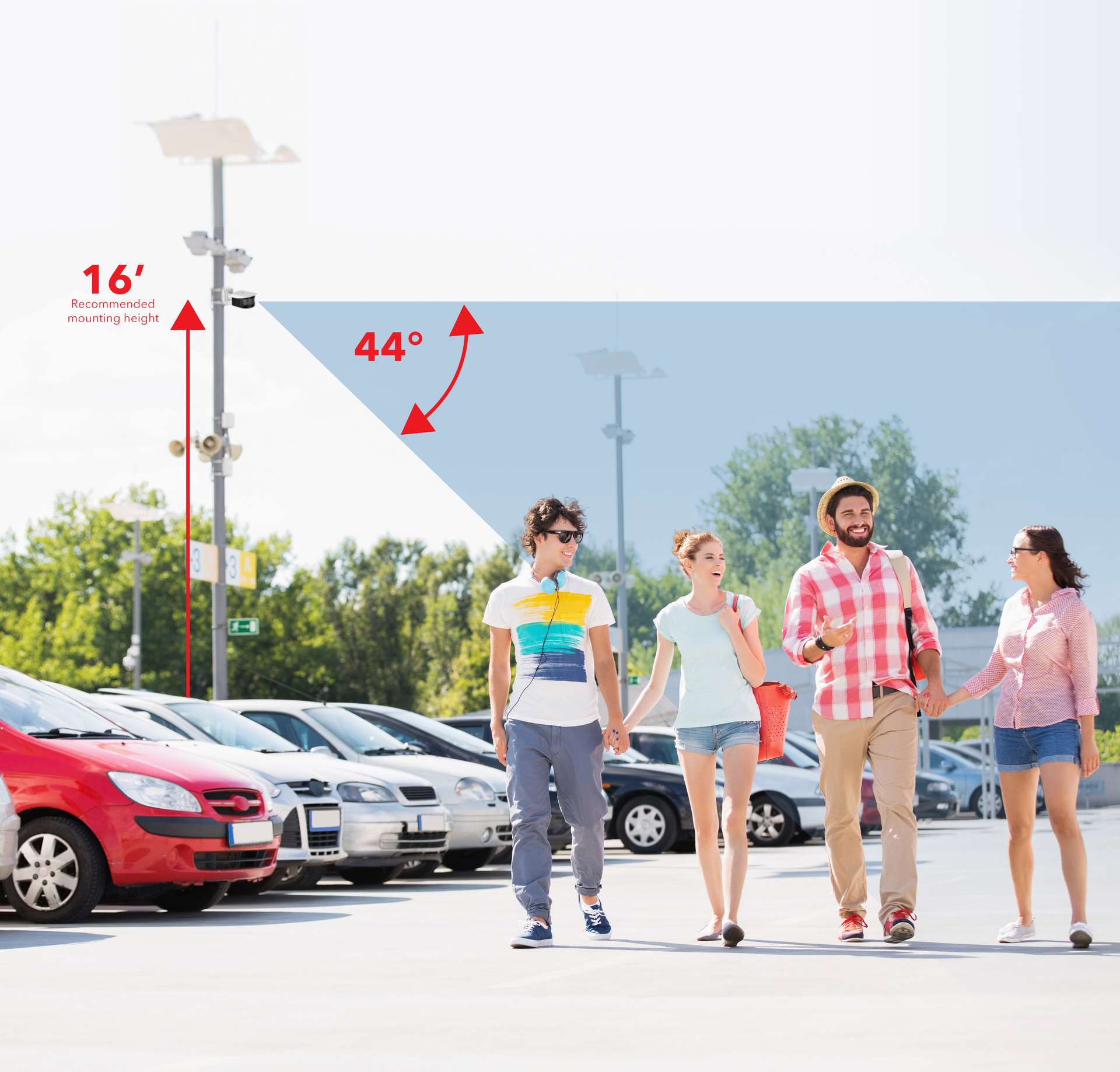 Mount the camera at least 15 to 20 feet (4.60 m to 6.10 m) above the surface, and aim the camera 100 feet (30.48 m) toward the horizon for every 10 feet (3.05 m) that the camera is mounted above the surface.