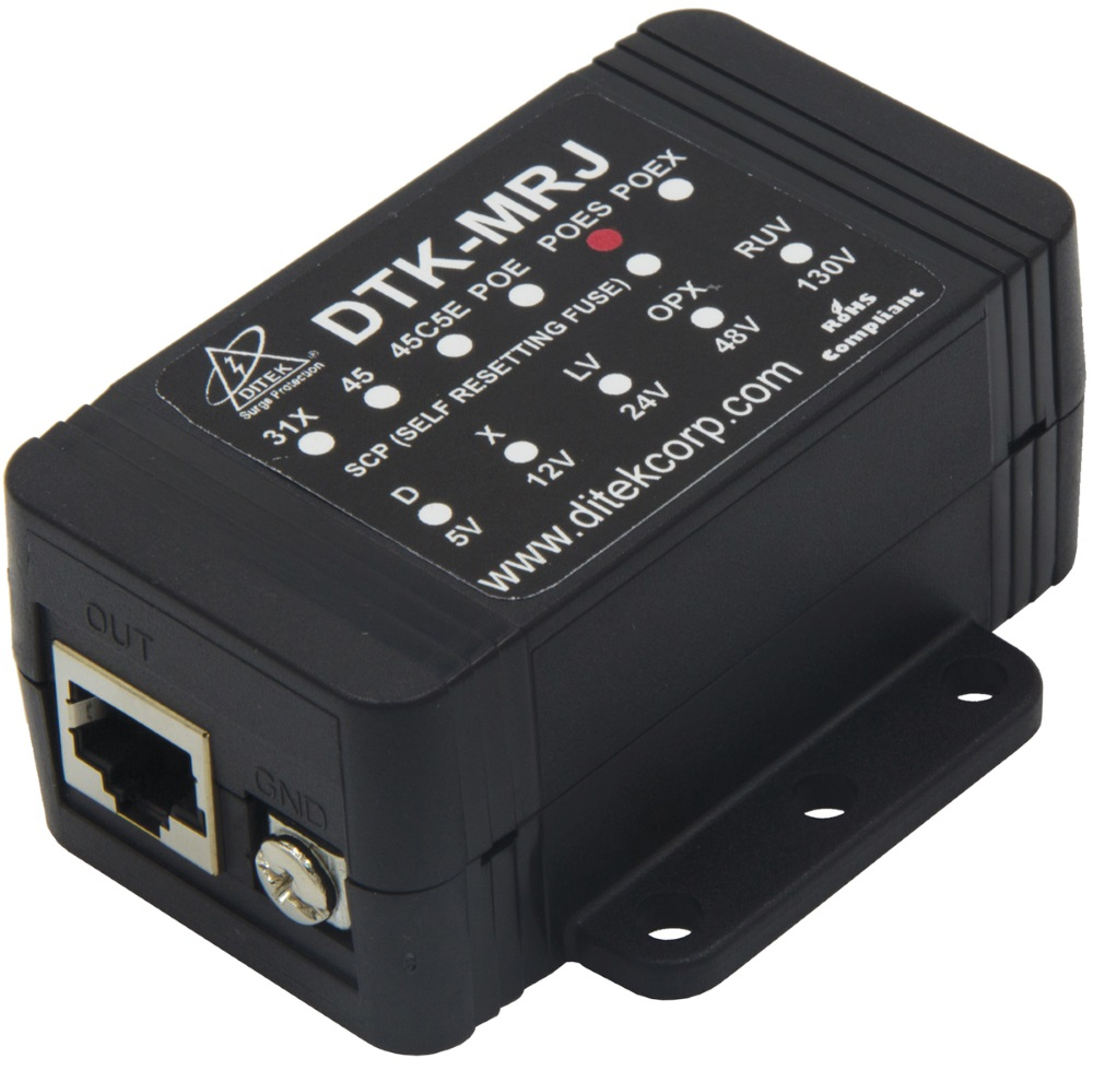 The DTK-MRJPOES is a single channel device that features a shielded RJ45 connection with external grounding screw and is compatible with CAT5e, CAT6 and CAT6A cabling infrastructure. It supports a maximum data rate of 1000 Mbps without signal degradation while boasting a robust surge current rating of 20kA/pair.