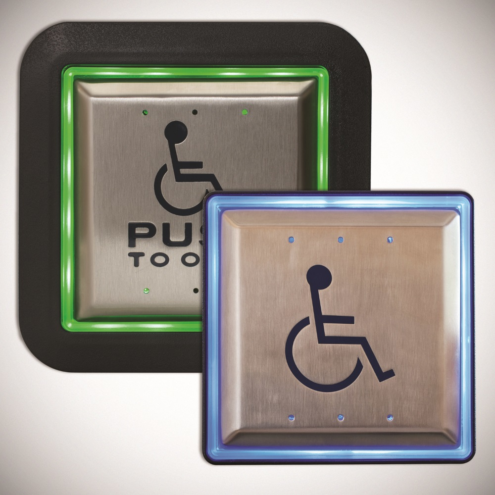 Camden has released their new Aura CM-54i (square surface mount) and CM-55i (Square flush mount) push plate switch enclosures with selectable red/green/blue illumination.