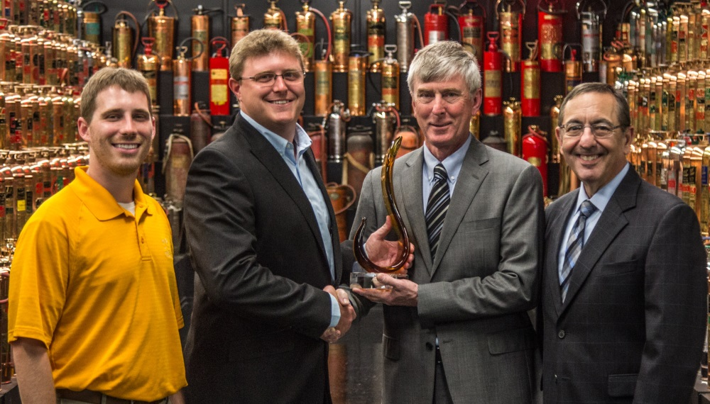 Hikvision accepts its award from the Koorsen team in Indianapolis. From left to right: Keith Koorsen, vice president special projects at Koorsen; Bryan Smith, Koorsen director of business security; Phil Smith, Hikvision Midwest RSM; Len Friedman, Hikvision director of sales.