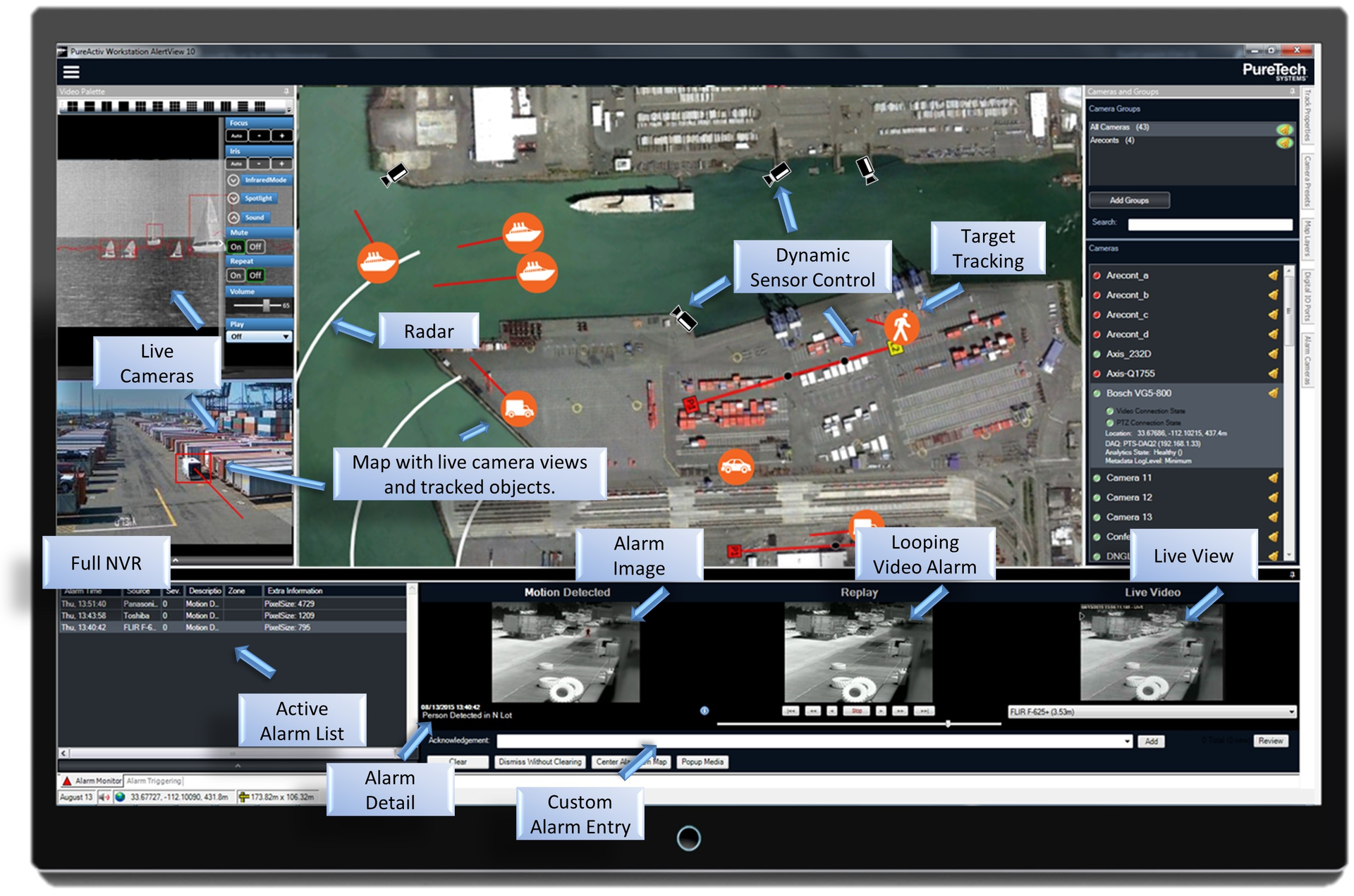 Geospatial systems allow for real-time map-based representation of a surveillance system&rsquo;s sensor and alarm locations.