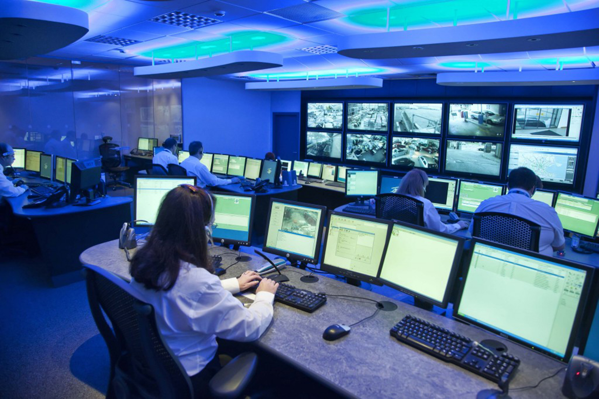 A look inside the video monitoring facilities of National Monitoring Center, part of the Netwatch Group.