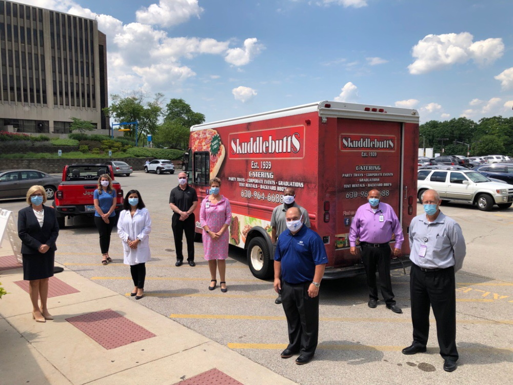 From left to right: Nancy M. Tinsley, RN, MBA, FACHE, President, Advocate Good Samaritan Hospital; Beth Tarnoff, Vice President, Marketing & Communications, ADT Commercial; Susan Okuno-Jones, DNP, MSN, MA, FACHE, NEA-BC, RNC, RN-BC: Vice President / Chief Nursing Officer, Advocate Good Samaritan Hospital; Dan Bresingham: Executive Vice President, ADT Commercial; Rae Salus PT, DPT, Vice President Operations and Service Lines, Administration, Advocate Good Samaritan Hospital; Torrence Tate, Enterprise Installation Foreman, ADT Commercial; Stefan Yost, General Manager, Illinois District, ADT Commercial; Ernest Valladares, Jr., Public Safety Manager, Advocate Good Samaritan Hospital; and Norbert Bruns, Food Service Manager, Advocate Good Samaritan Hospital.