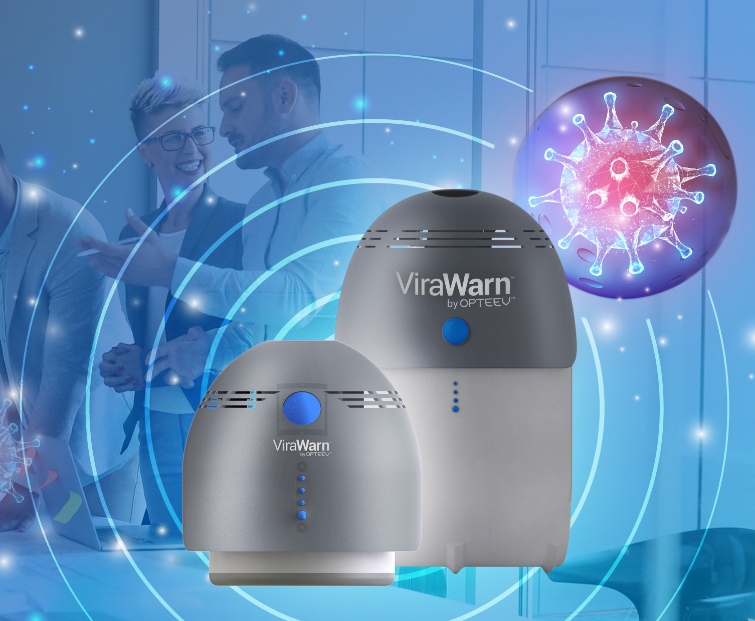 Like a smoke detector monitoring the air and alerting when smoke is detected, ViraWarn monitors the air and immediately alerts when coronavirus particles are detected. The patented sensor technology focuses on the unique electrochemistry of spiked protein viruses, including COVID-19 and influenza, to trigger an alert.