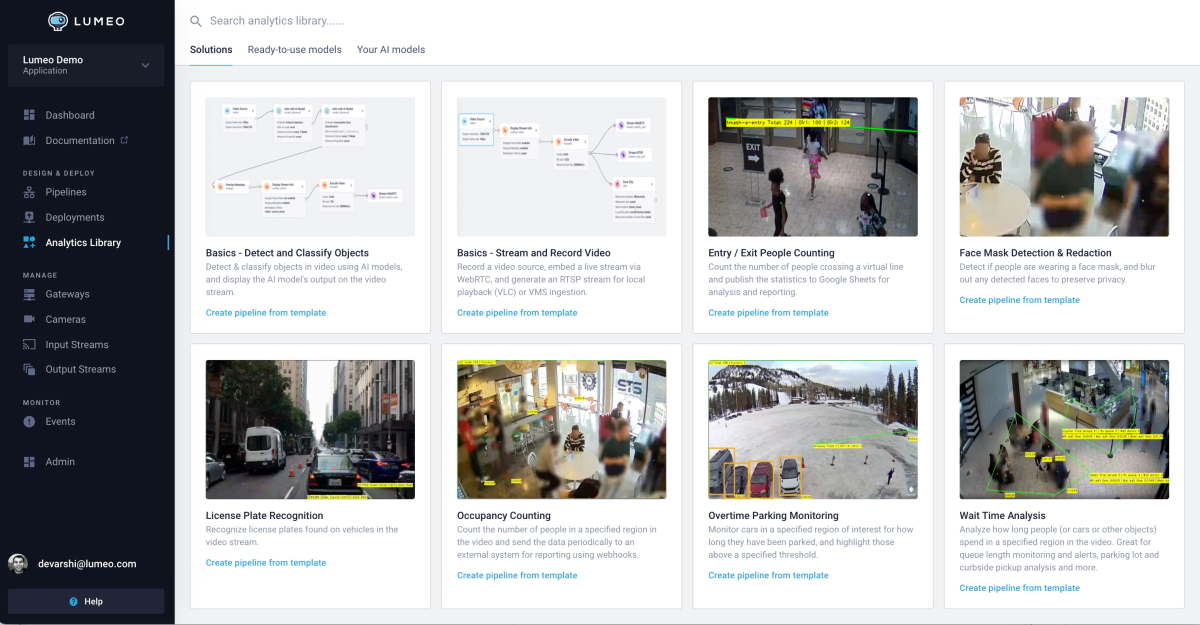 Lumeo enables users to build their own custom analytics or choose for a variety of pre-built algorithms that they can then leverage in their own applications.