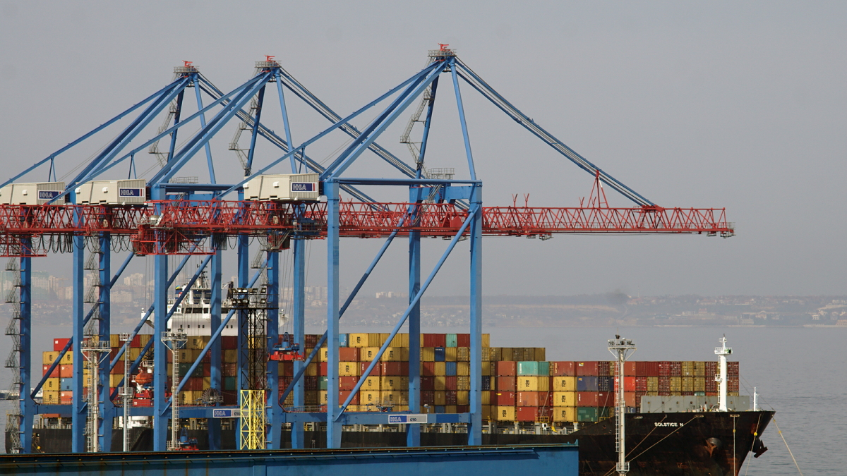 A cargo ship sits in the Urkrainian port of Odessa in November of 2019. .