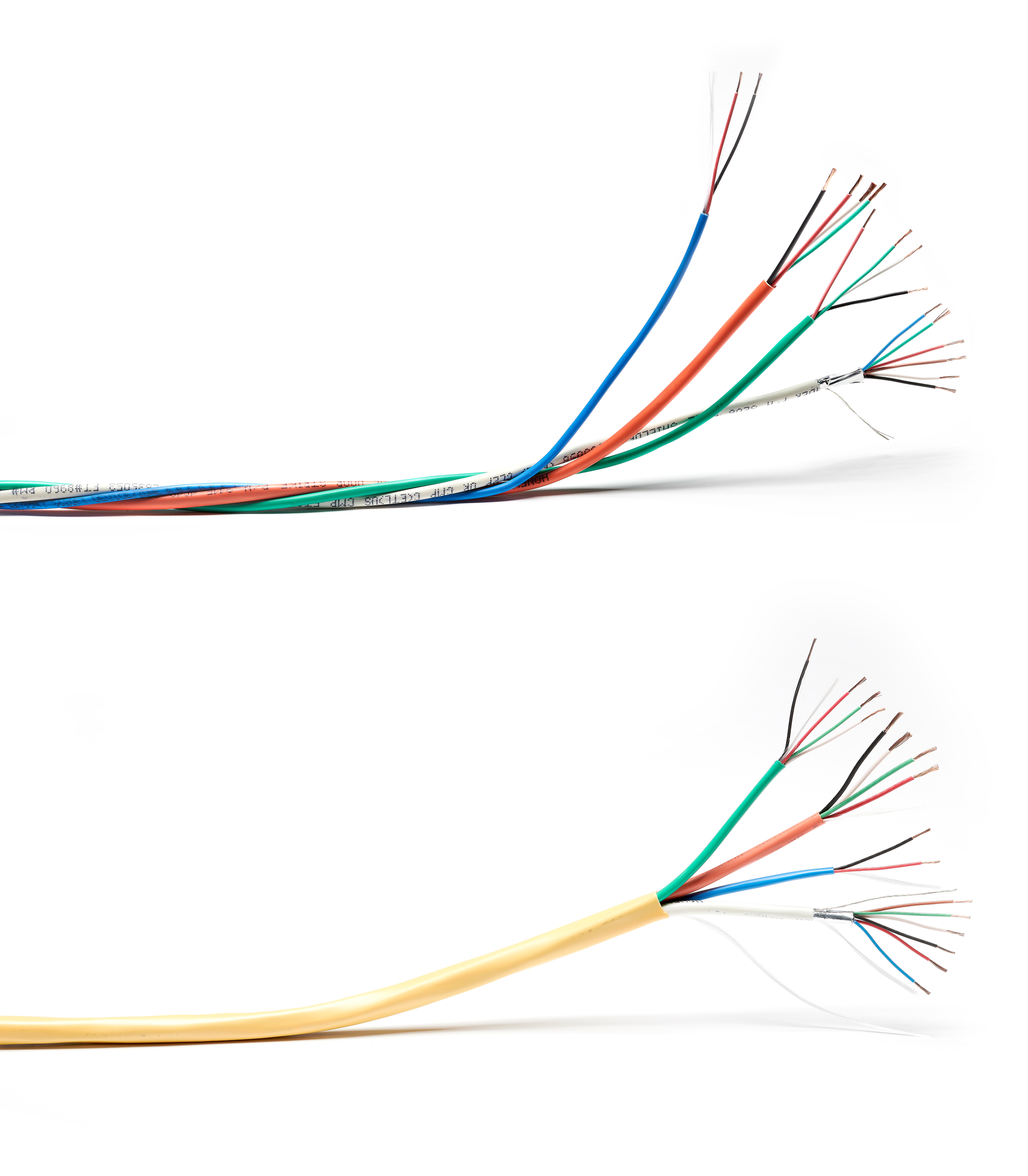 Some bundled access control cables can use special twisting (top) to prevent the components from separating during pulls; others can include an outer jacket to contain the inner cable components (bottom).