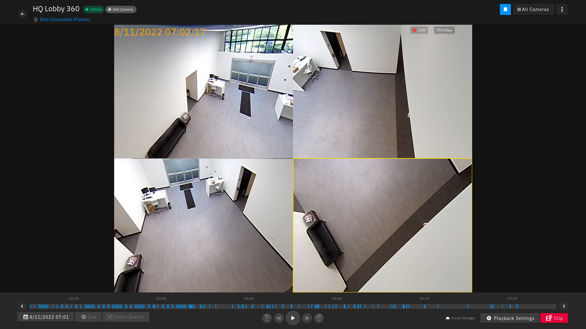 360-degree cameras offer four separate display options: Single View (Region), Double Panorama View, Panorama + Focus Views, and Quad View.