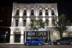 Lights illuminate the exterior of Zen Leaf cannabis dispensary, 222 S. Halsted St., in Chicago's Greektown neighborhood on July 27, 2021. (Armando L. Sanchez/Chicago Tribune/TNS) Lights illuminate the exterior of Zen Leaf cannabis dispensary, 222 S. Halsted St., in Chicago's Greektown neighborhood on July 27, 2021. (Armando L. Sanchez/Chicago Tribune/TNS)