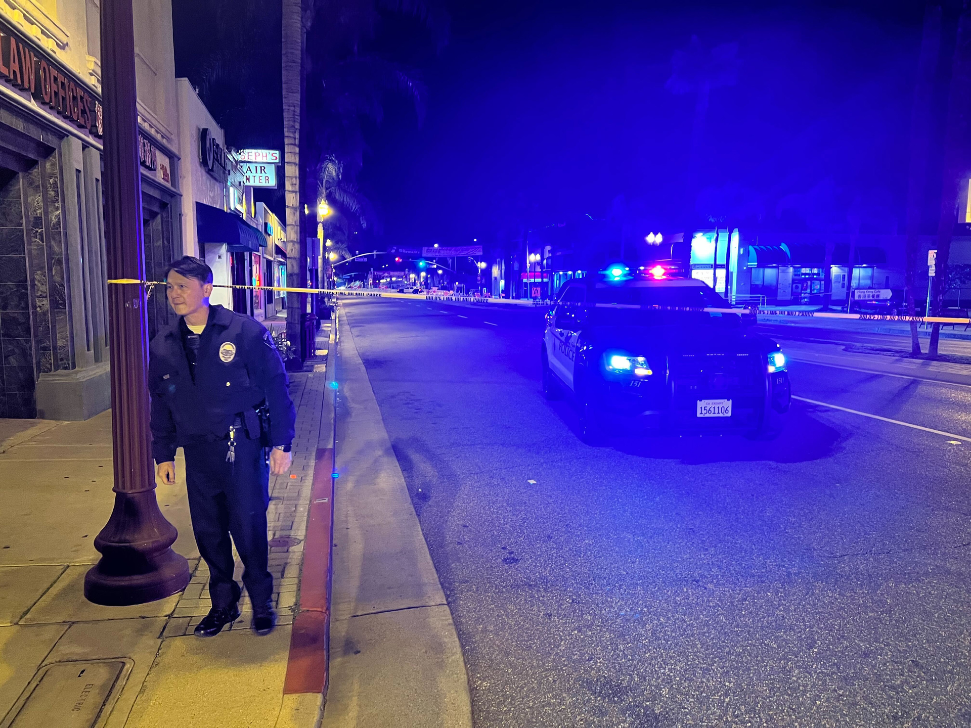 Police at the scene of a shooting at Monterey Park, California, on Saturday night, Jan. 21, 2023.