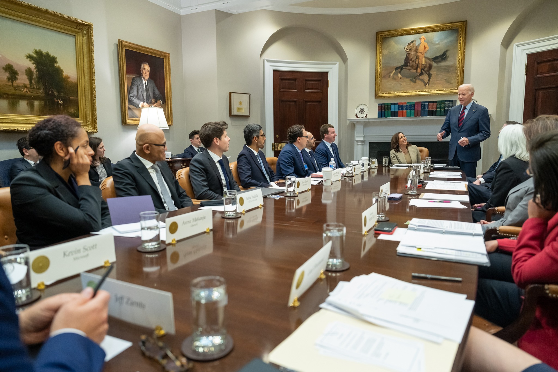 Today, Vice President Harris and senior Administration officials met with CEOs of four American companies at the forefront of AI innovation to share concerns about the risks associated with AI. President Biden dropped by the meeting to underscore that companies have a fundamental responsibility to make sure their products are safe and secure before they are deployed or made public.