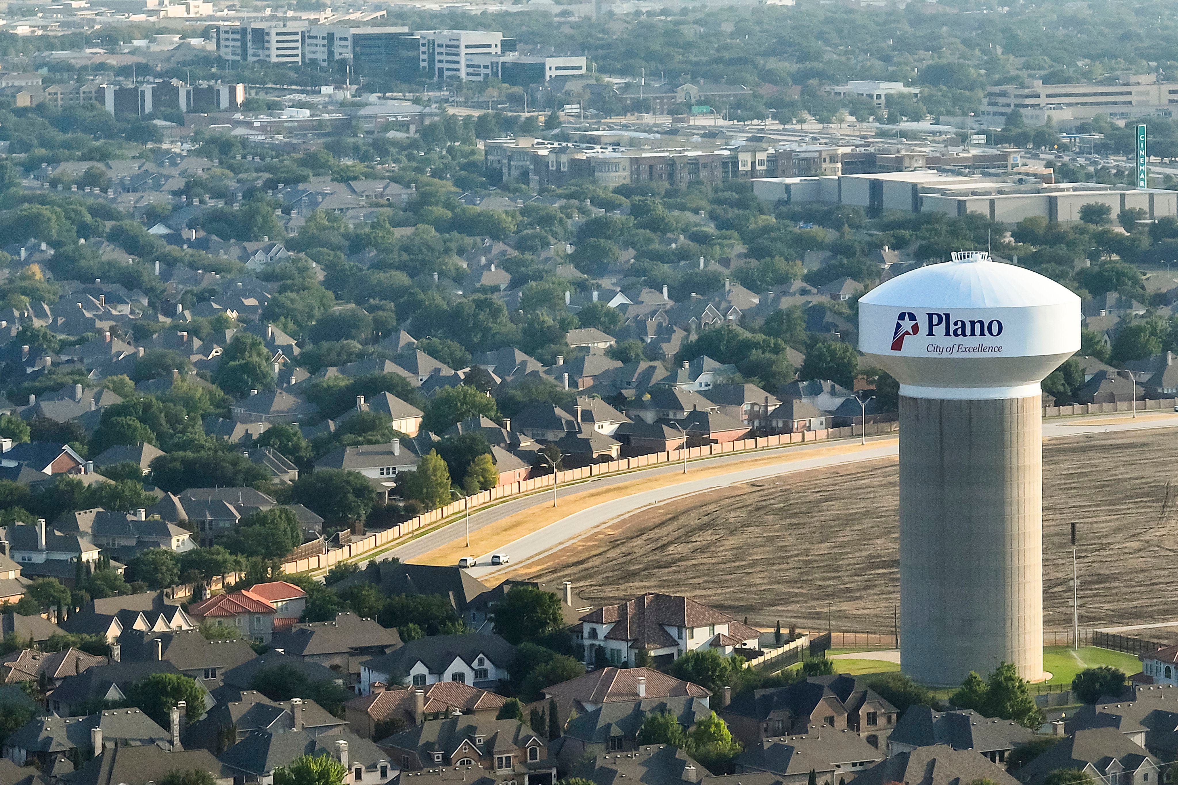 The North Texas Municipal Water District, which supplies water to fast-growing suburbs in Collin County, including Plano, is the latest target of a ransomware attack. Pictured is an aerial view of a Plano water tower on Windhaven Parkway near Parkwood Boulevard and Spring Creek Parkway in Plano.