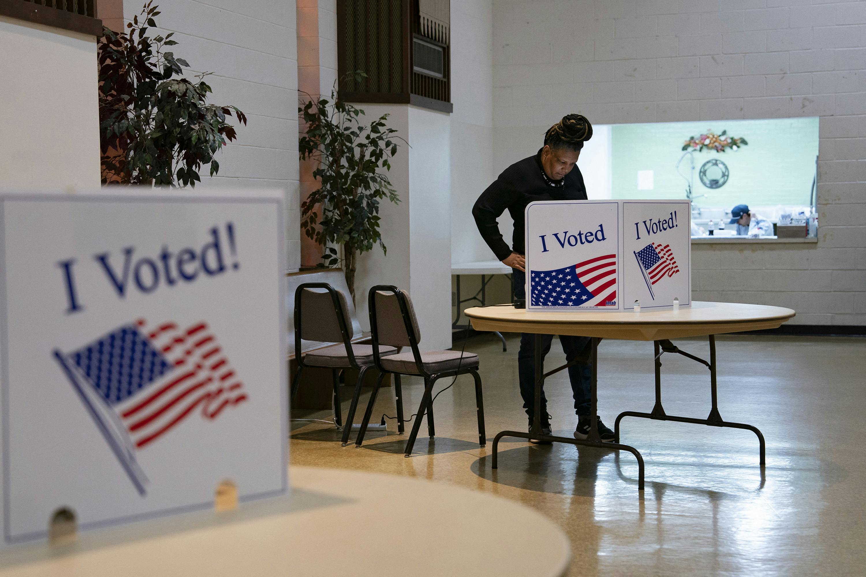 A person votes at a polling location in West Columbia, South Carolina, during the South Carolina Democratic Primary, on Feb. 3, 2024. South Carolina is the first official Democratic primary of 2024 and is seen as a key test of support for President Joe Biden among Black voters for his reelection battle with Donald Trump.