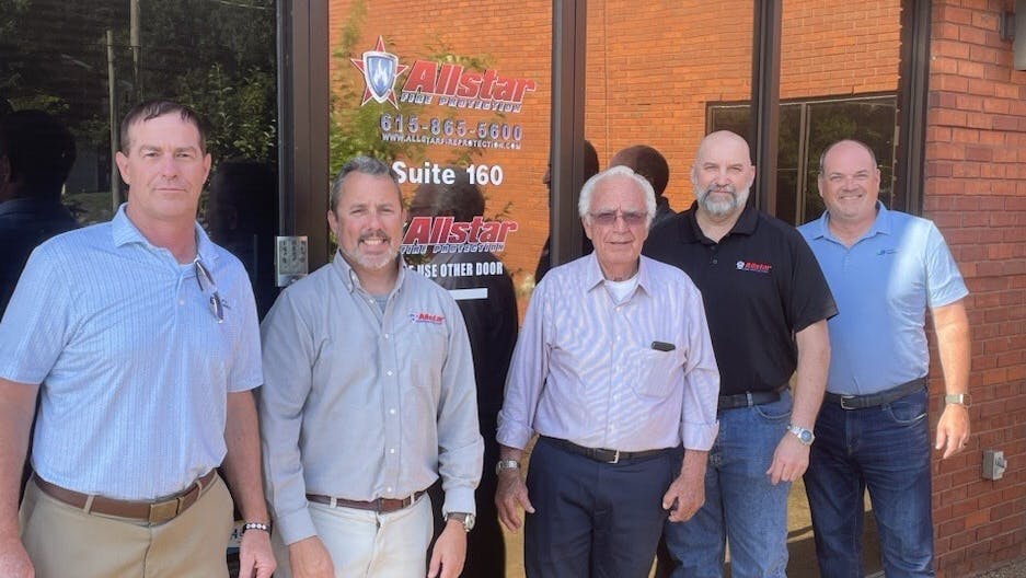 From left to right: Rod DiBona, COO of Pye-Barker's Sprinkler Division; Casey Milhorn, CEO and Co-owner at Allstar Fire Protection; Glenn Harris, Allstar Co-founder; Shannon Day, Allstar CFO; and Justin Merrick, VP at Pye-Barker, celebrate the partnership in Nashville.