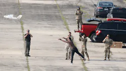 Soldiers and MITRE personnel conduct the initial testing of the CARPE Dronvm smartphone app during the launch of the testing drone. U.S. Army Central tested CARPE Dronvm at McEntire Joint National Guard Base and Poinsett Weapons Range, S.C., on July 18, 2023. Soldiers and MITRE personnel conduct the initial testing of the CARPE Dronvm smartphone app during the launch of the testing drone. U.S. Army Central tested CARPE Dronvm at McEntire Joint National Guard Base and Poinsett Weapons Range, S.C., on July 18, 2023.