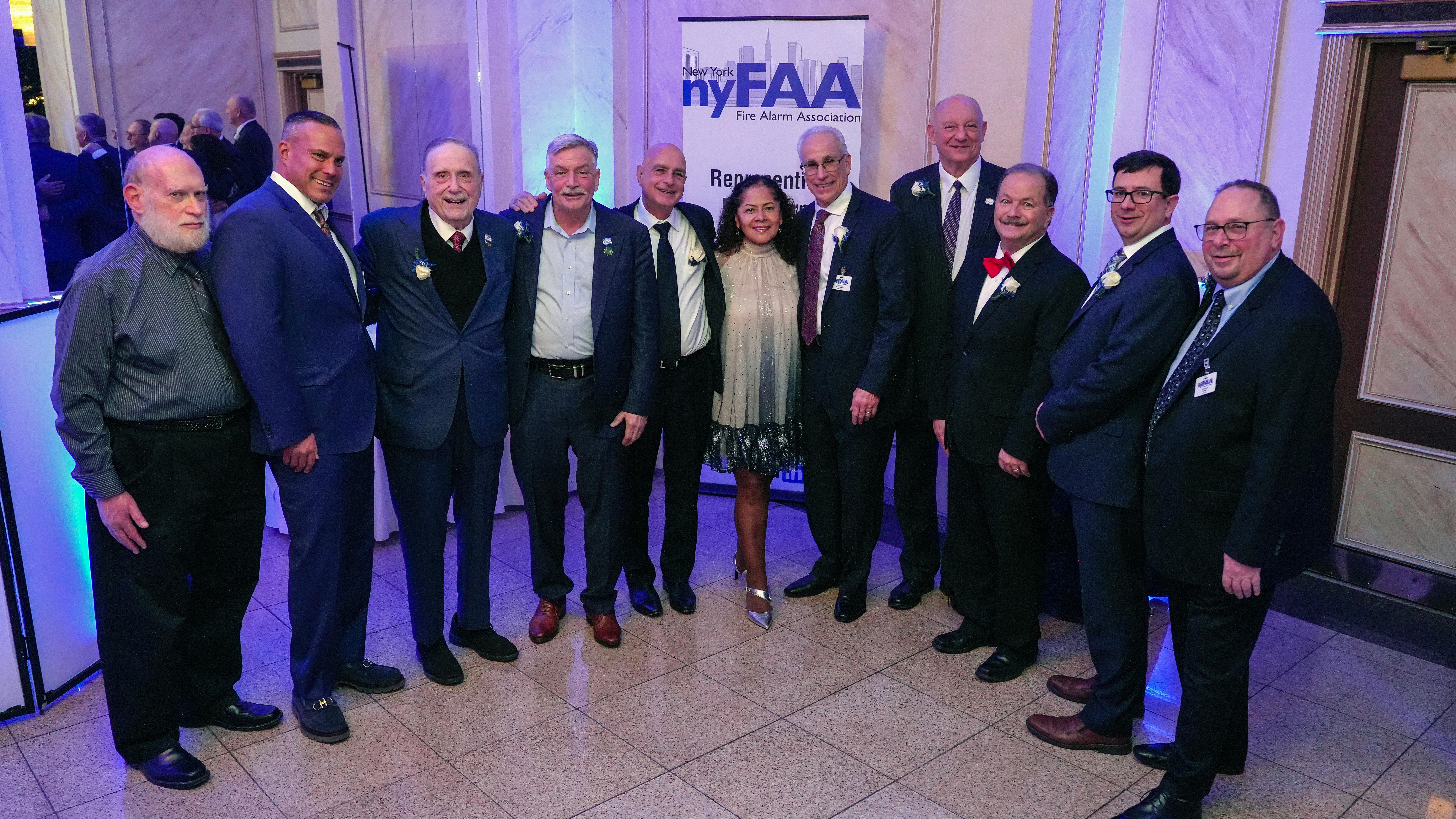 Pictured left to right is a gathering of nyfAA Past Presidents with the current President, Val Sherer: Stu Gilbert, Val Sherer, Ron Petrarca, Kenny Gould, John DiStefano, Patty Palacios' Tom Papa, Ziggy Stazewski, P.E., Joe Razza, P.E., Charles Joyce, P.E., Jeffrey Siegel