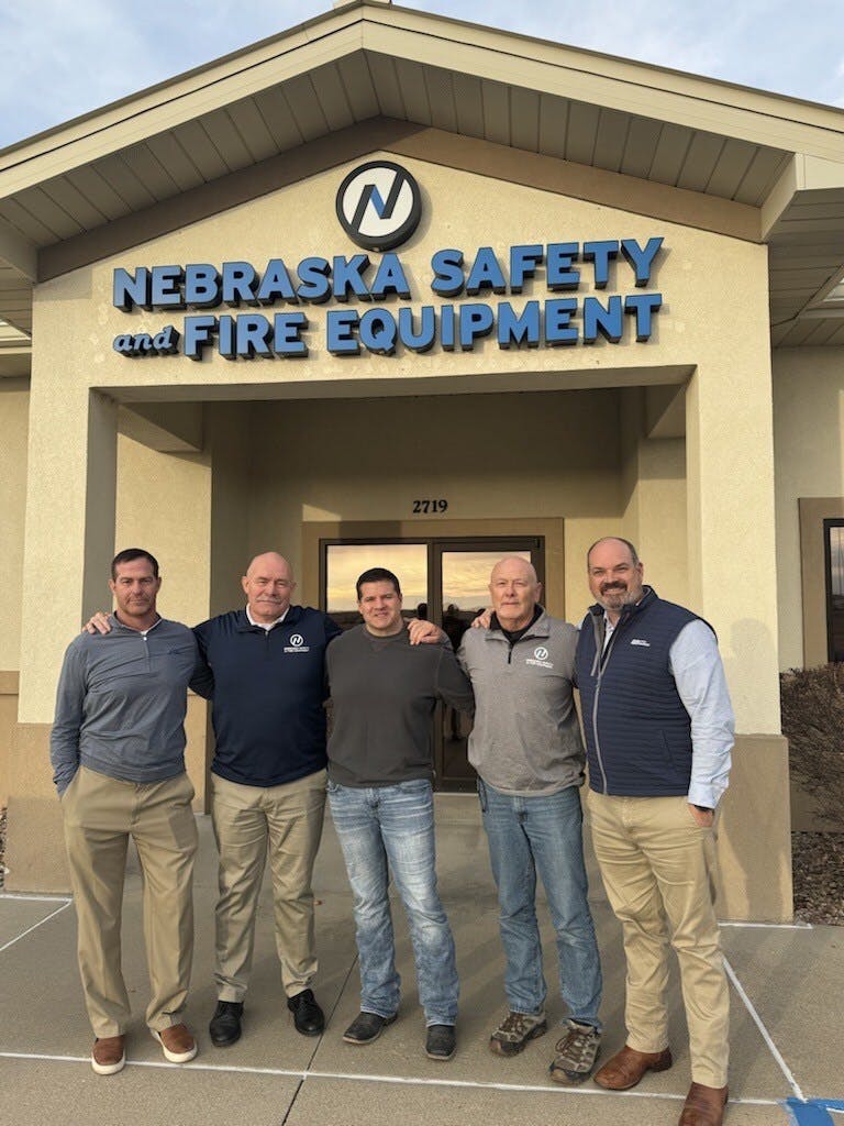 L-R: Rod DiBona&ndash;Pye-Barker EVP, Business Development; Conrad Buhrman&ndash;Nebraska Safety & Fire Equipment Owner; Ray Wright&ndash;Pye-Barker VP; Blake Niesen&ndash;Nebraska Safety VP; Justin Merrick&ndash;Pye-Barker VP