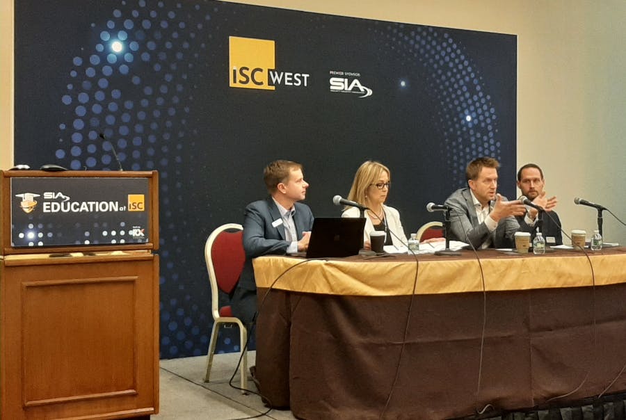 The 2025 Security Megatrends panel featured Geoff Kohl (SIA), moderator, and panelists Tara Dunning (Wesco), Eric Yunag (Convergint) and Devin Love (Allegion).