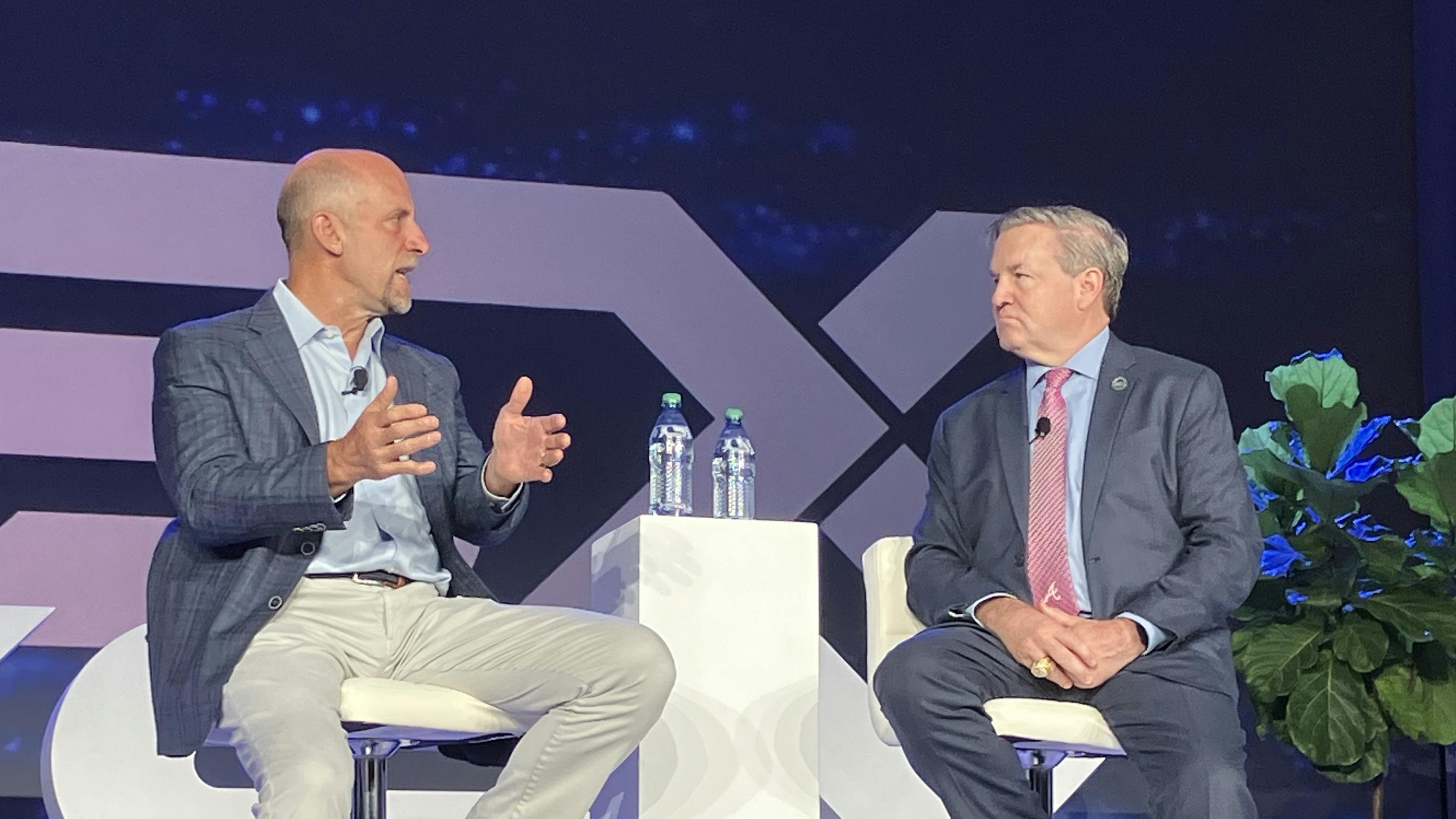 Hall of Fame pitcher John Smoltz (left) delivered the ESX Keynote, followed by an interview with John Loud.