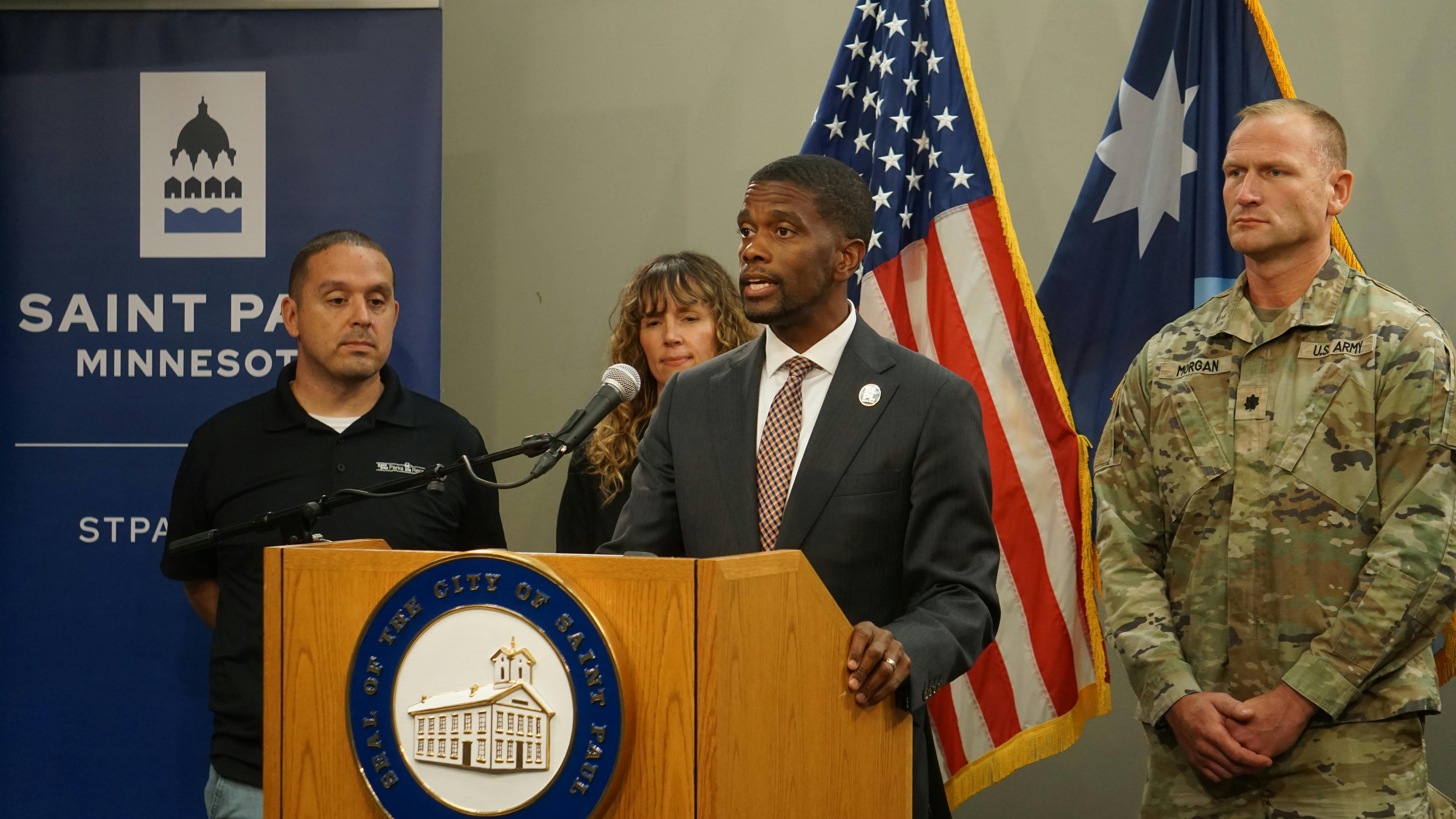 St. Paul Mayor Melvin Carter updates reporters on the city's response to a ransomware attack during a news conference at the Minnesota Department of Public Safety headquarters in downtown St. Paul on Monday, Aug. 11, 2025. Hackers uploaded 43 gigabytes of stolen data after the city refused to pay a ransom.