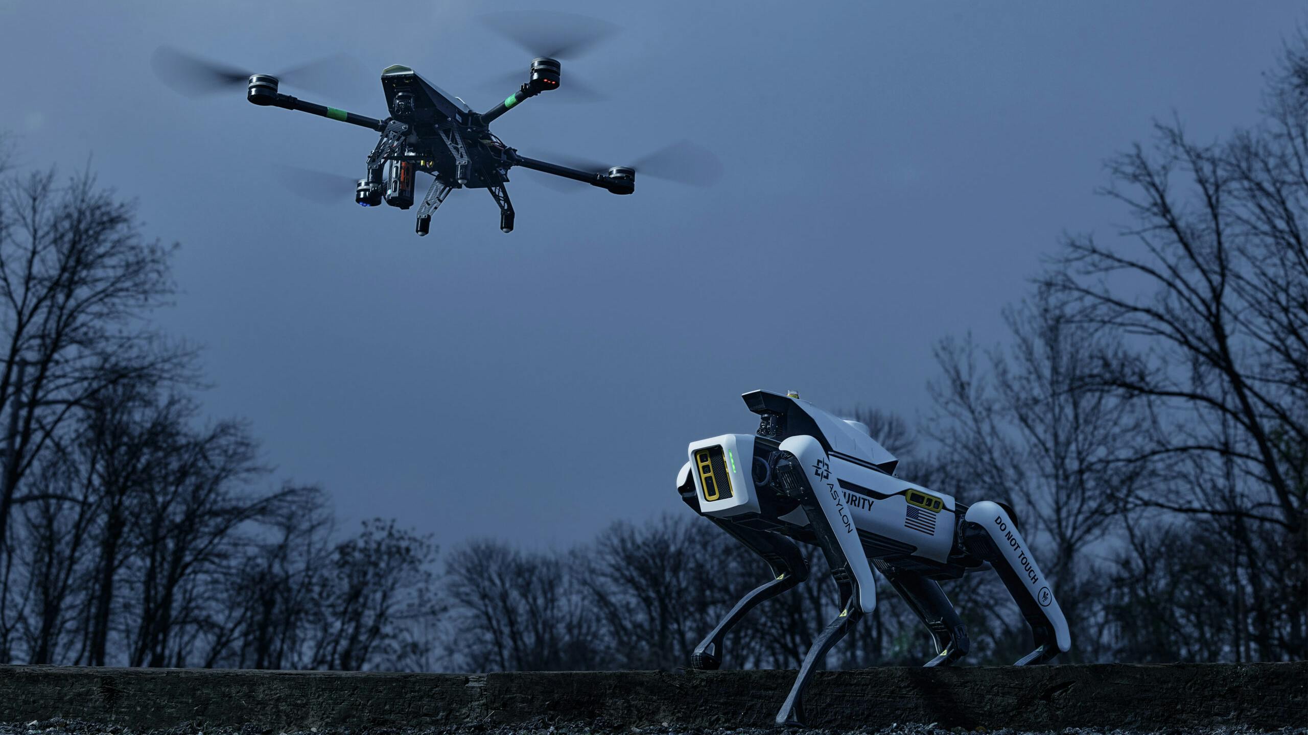 Asylon Robotics' Automated Security Drone (L), when paired with the ground-based DroneDog (R) and Robotics Security Operations Center (RSOC), offers a fully automated, full-service perimeter security solution.