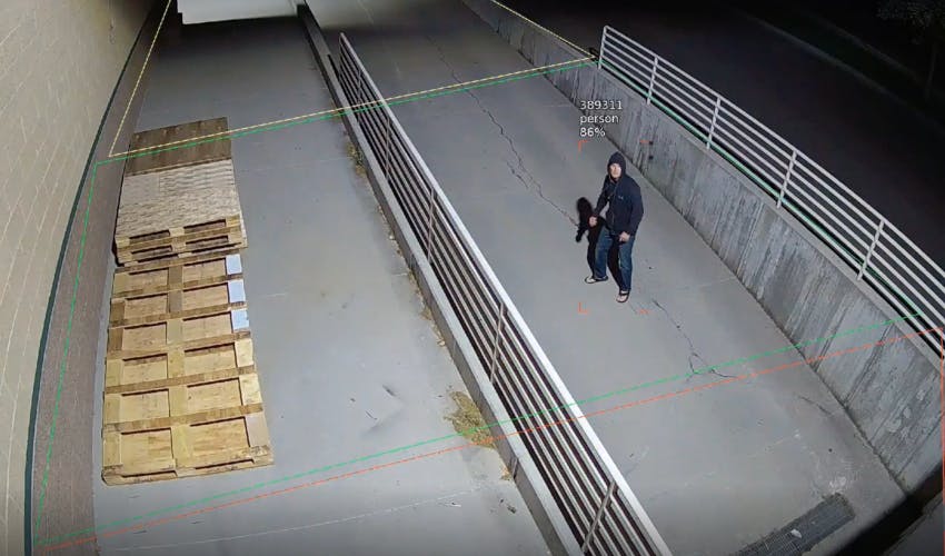 A 3xLOGIC InterACT camera at Sportsman&rsquo;s Warehouse in Midvale, Utah, detects an after-hours intruder using virtual trip lines and intelligent analytics.