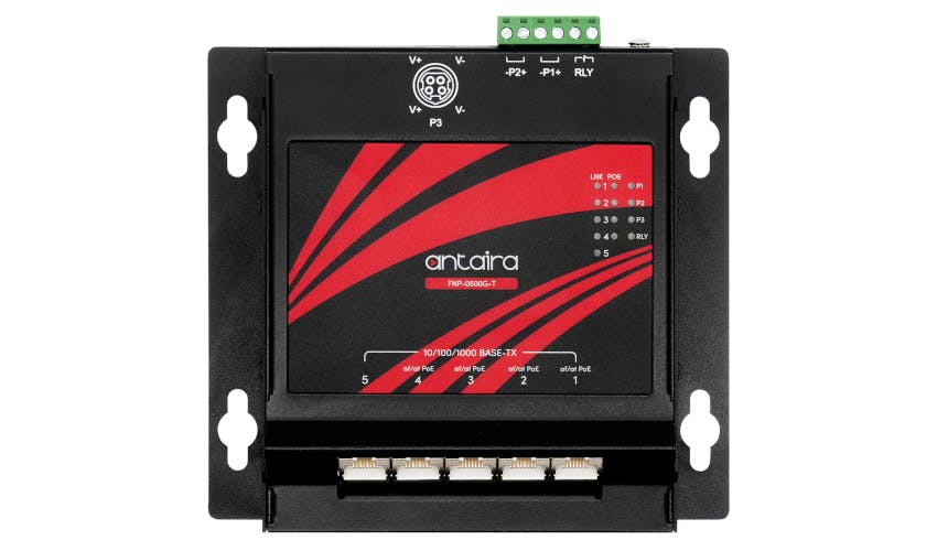 Antaira Technologies&rsquo; FNP-0500G-T Ethernet switch is designed for flat mounting in control cabinets where installation depth is limited.