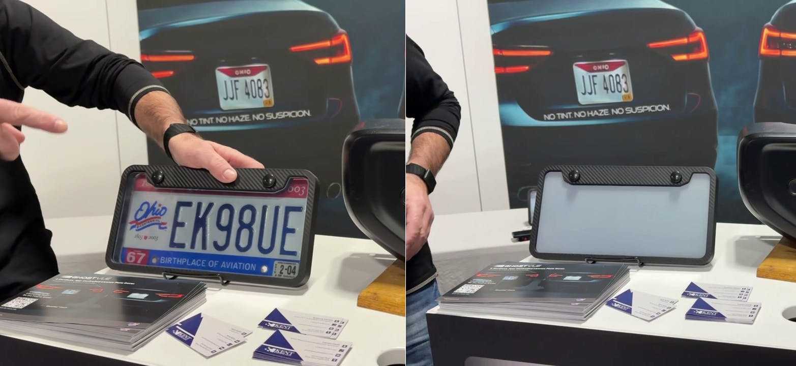 At CES Eureka Park, Paul Rothman and Pierre Bourgeix encountered an entrepreneur promoting a license plate frame that could be toggled remotely (via app) to completely obscure a license plate so it cannot be read at all.