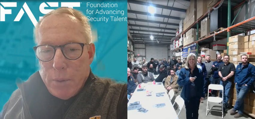 FAST Board Chair John Nemerofsky, left, addresses viewers during a National Security Technician Day livestream as Lori Hudnall, vice president of human resources at SAGE Integration, speaks to technicians gathered for an onsite celebration in Kent, Ohio.