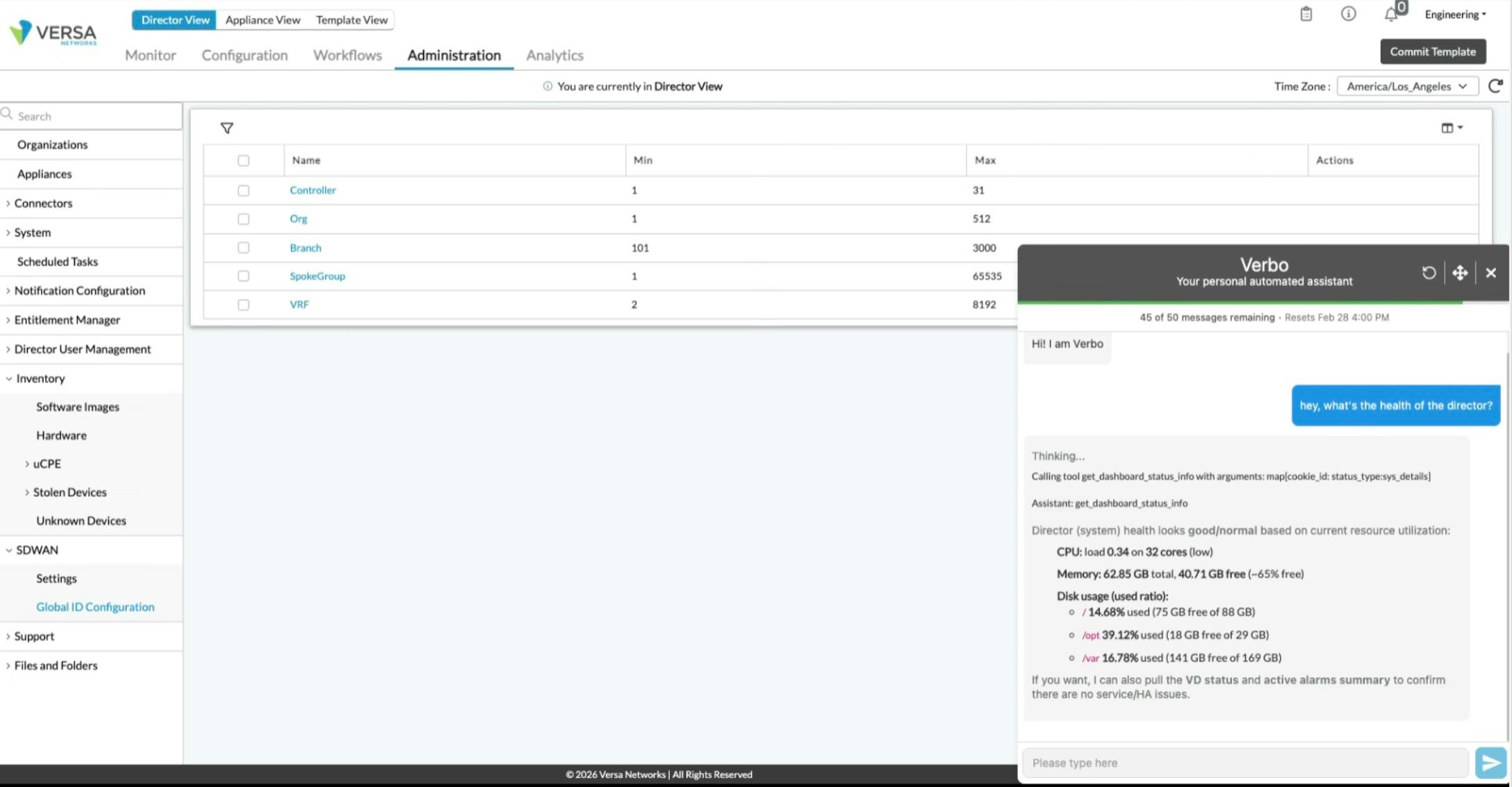 Versa Director with Verbo, Versa&rsquo;s AI-powered co-pilot, provides conversational visibility into system health and operational status. The interface illustrates how AI enhances observability and troubleshooting by surfacing real-time insights without requiring manual navigation across dashboards.