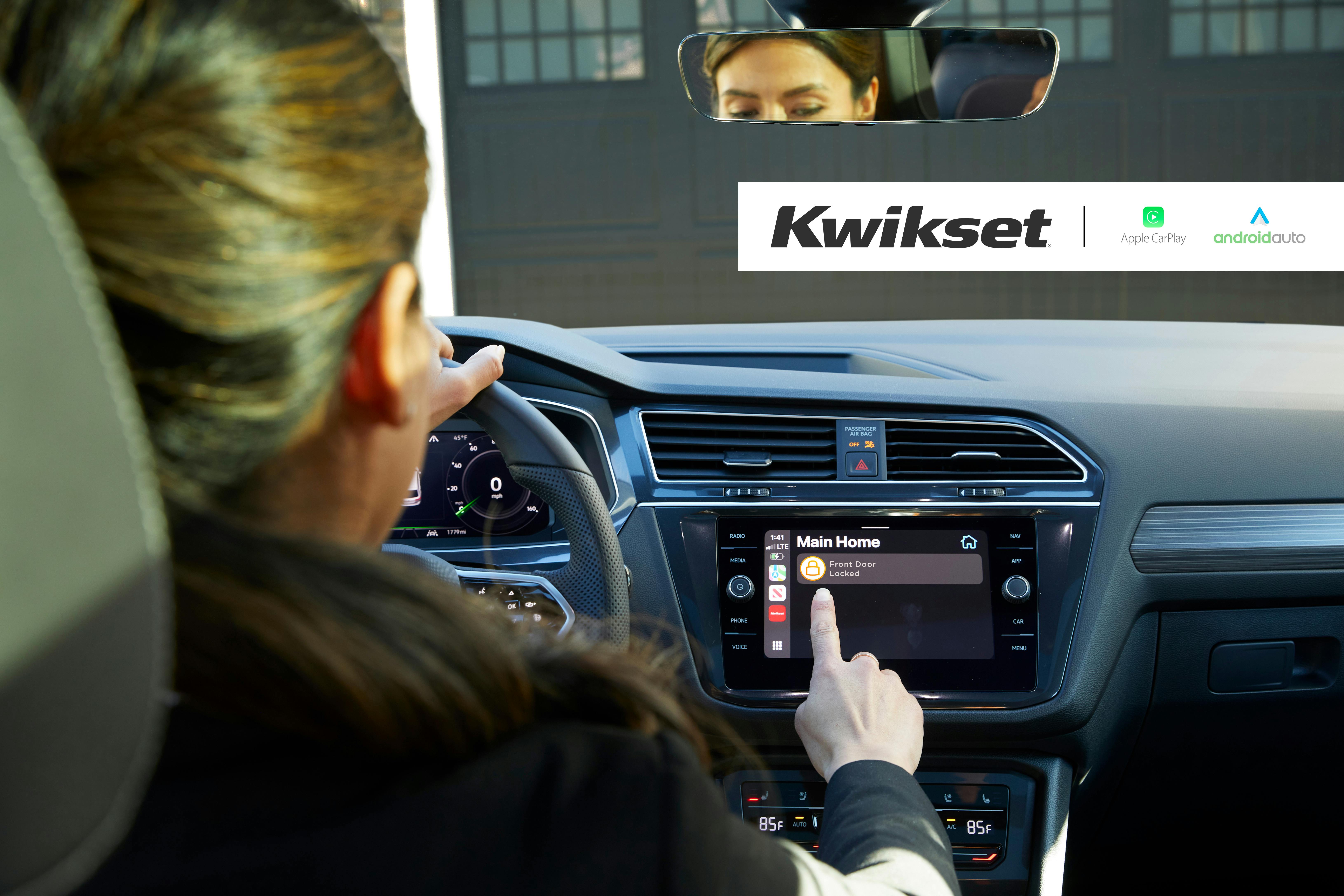 A driver uses a vehicle dashboard interface powered by CarPlay or Android Auto to lock or unlock a Kwikset smart lock before arriving home.