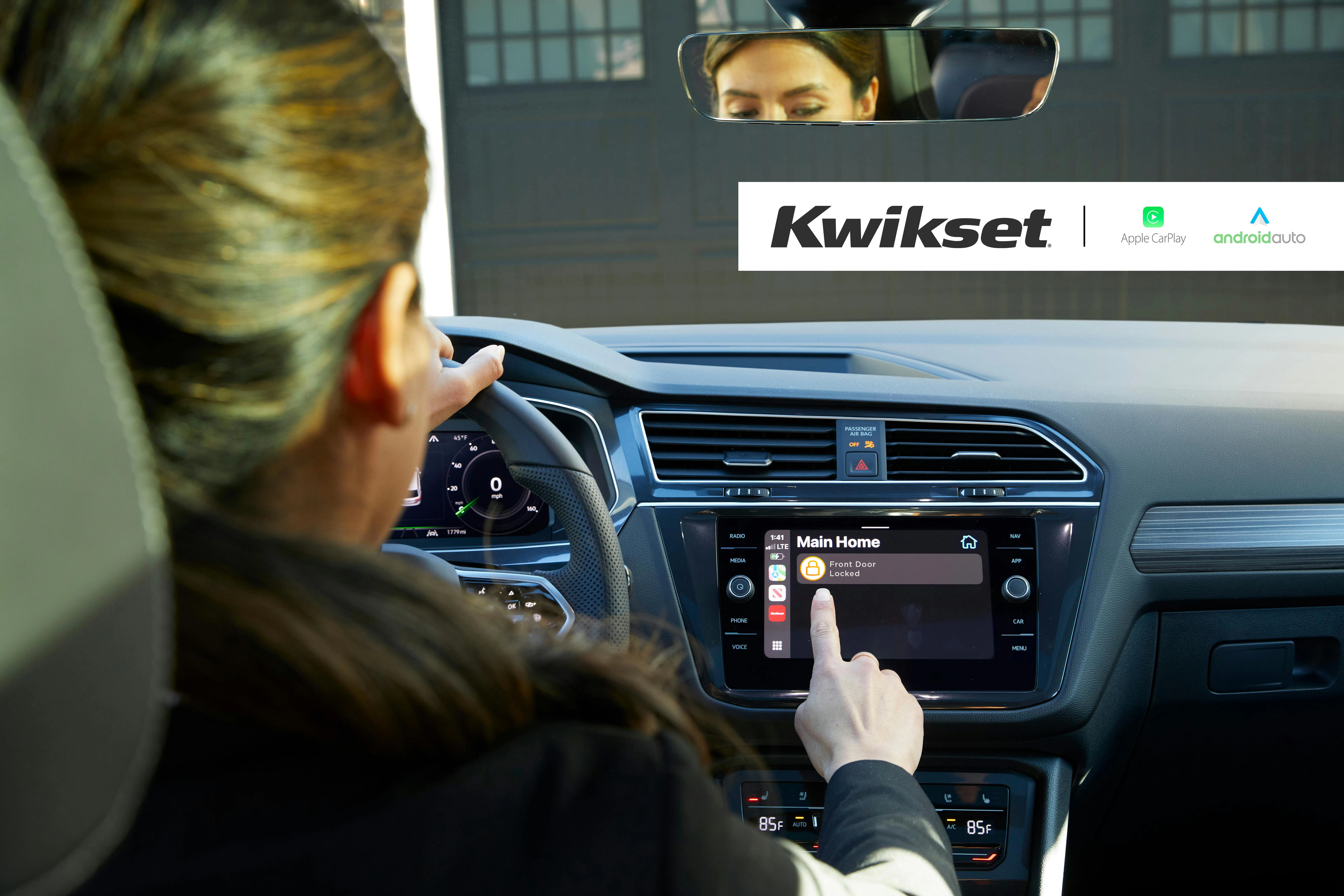 A driver uses a vehicle dashboard interface powered by CarPlay or Android Auto to lock or unlock a Kwikset smart lock before arriving home.