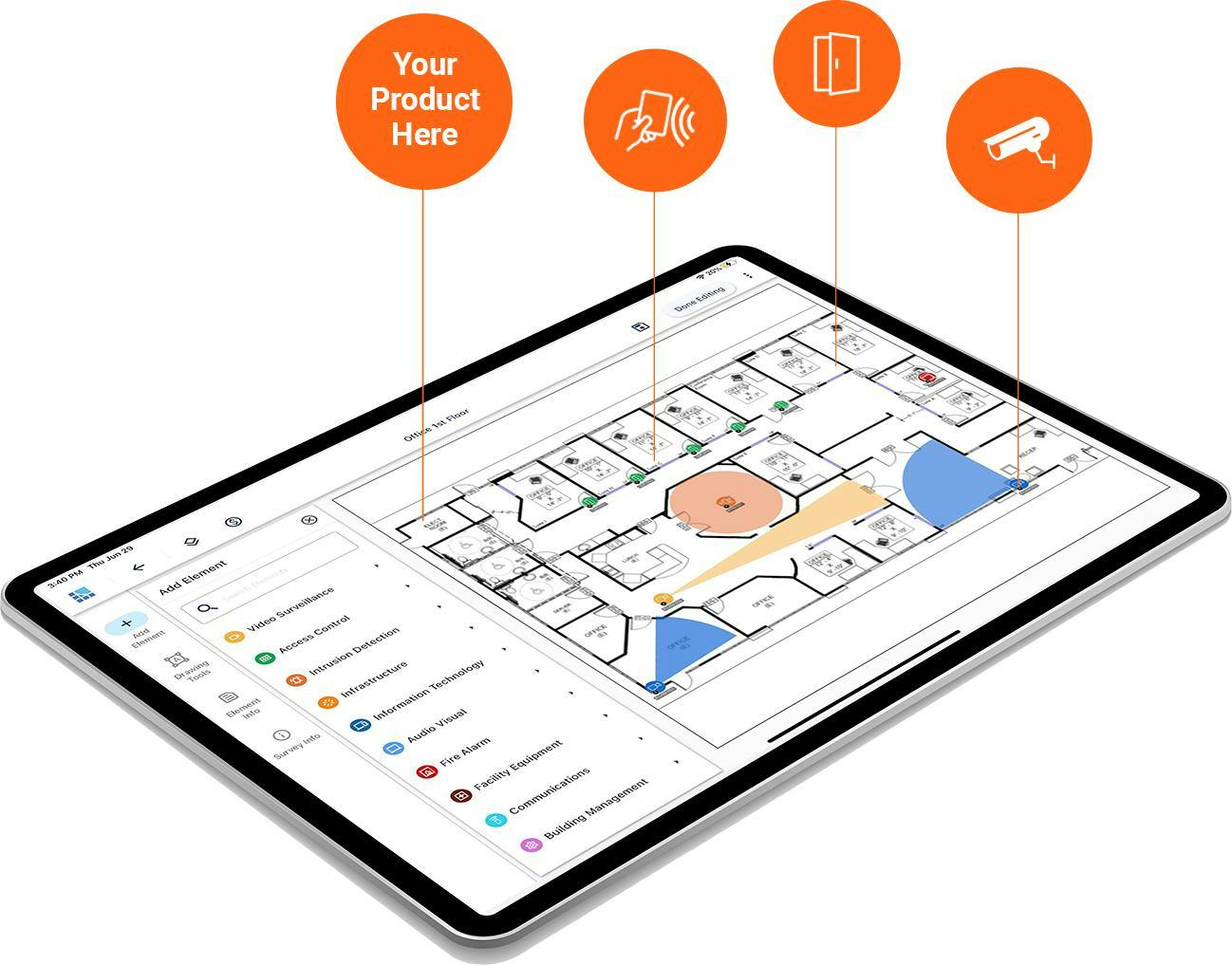 System Surveyor's drag-and-drop interface allows integrators to import devices and accessories directly onto a digital floor plan for physical security projects.