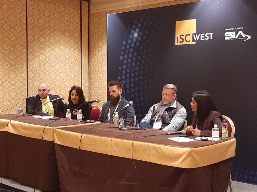 From left: Jordan Hill of HiveWatch, Thru Shivakumar of Cohesion, Jeffrey Groom of Acre Security, Jason Veiock of Bearing and Sarah Rodrigues of Acre Security. The panel focused on how purpose-built AI is being applied in real-world security operations to turn complex data into actionable insight and drive more proactive response.