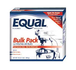 The same Equal® brand product found in the famous blue packets is now available in bulk for back-of-the-house foodservice applications. The 6-pound Bulk Equal® boxes are convenient for bakery products, dressing and marinades. Equal® measures like sugar, browns like sugar and bakes like sugar, without the calories. For more information, call 888-658-1948. The same Equal® brand product found in the famous blue packets is now available in bulk for back-of-the-house foodservice applications. The 6-pound Bulk Equal® boxes are convenient for bakery products, dressing and marinades. Equal® measures like sugar, browns like sugar and bakes like sugar, without the calories. For more information, call 888-658-1948.