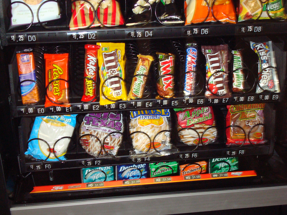 All glassfront snack machines at Black Tie Services are retrofitted with the gum trays from Vendors Exchange International Inc.