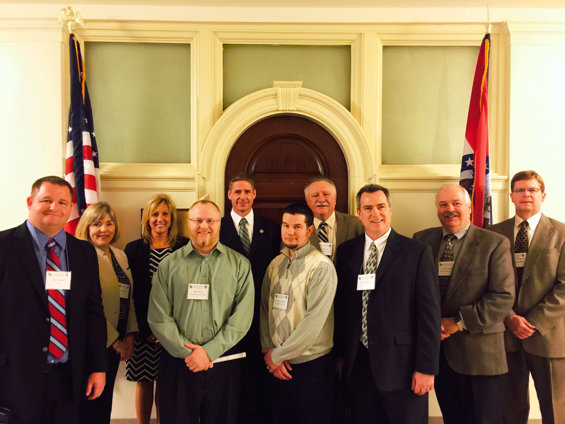 Front Row: Dan Harris, Harris & Pipkin Vending (MAMA President); Zachary Taylor, Continental Vending; John Murray, Vistar Back Row: Tim Vangels, Vistar; Sandy Larson, NAMA; Brenda Stegeman, Patterson Co., Inc.; Senator Will Kraus, Chair Senate Ways & Means Committee; Gary Medley, Suchart Vend Brokerage; Curtis Campbell, Jackson Brothers of the South; Chris Stegeman, Central Missouri Vending Service