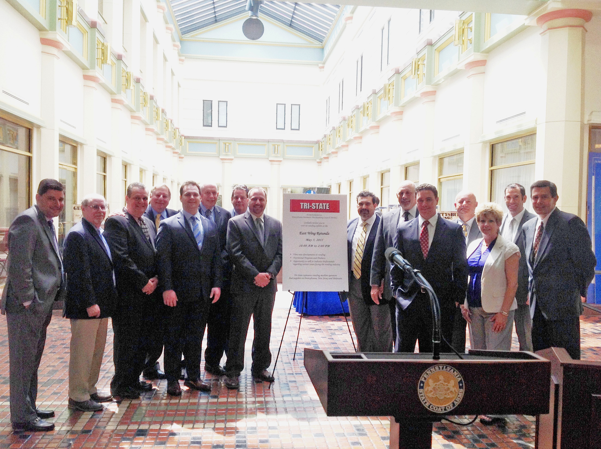 Members of the Tri-State Automatic Merchandising Council gather at the Pennsylvania State Capitol for the council&rsquo;s 2015 legislative day.