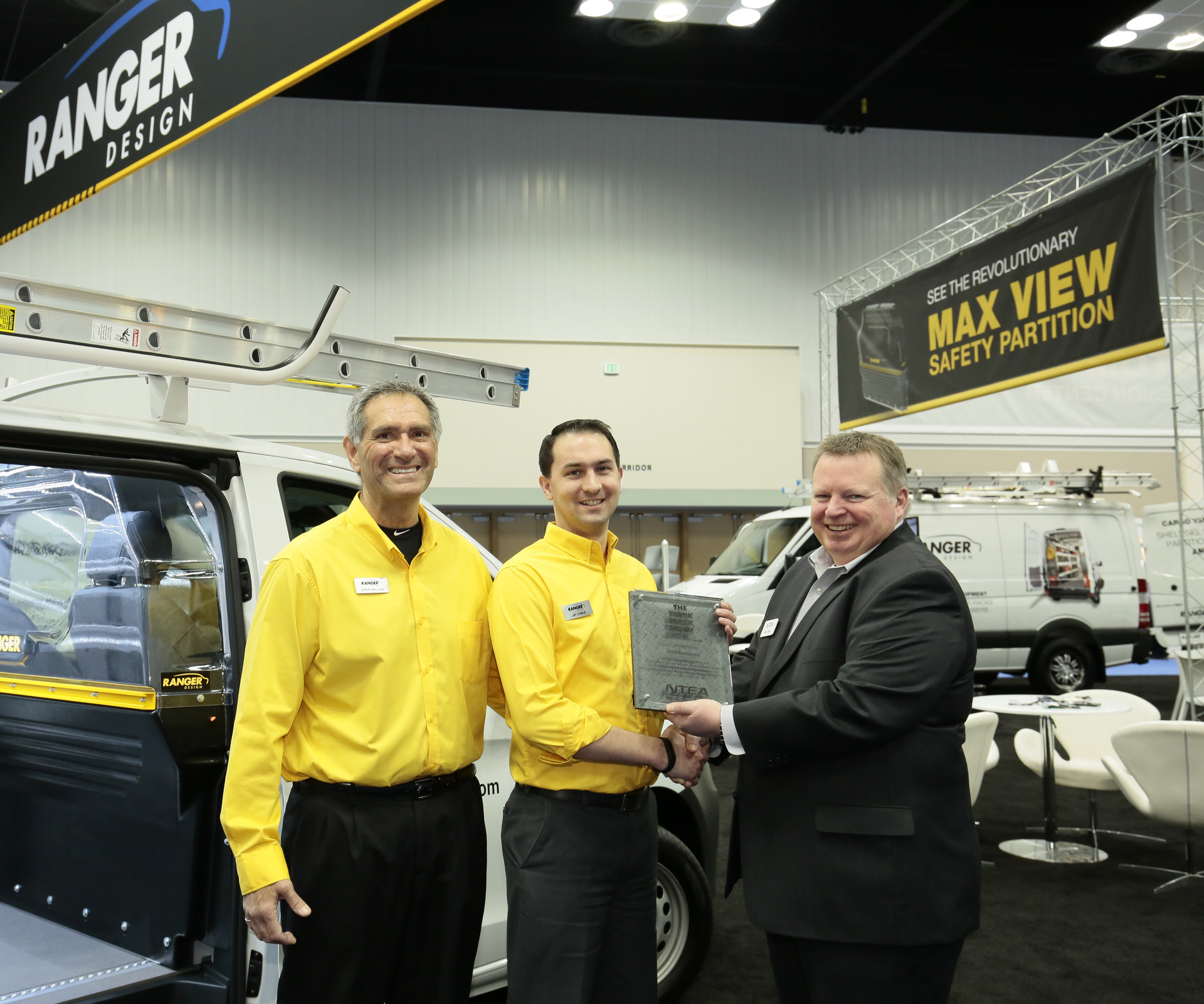 Left to right: Steve Milizia, regional sales manager, Ranger Design; Jay Crowie, product manager, Ranger Design; Steve Carey, executive director, NTEA