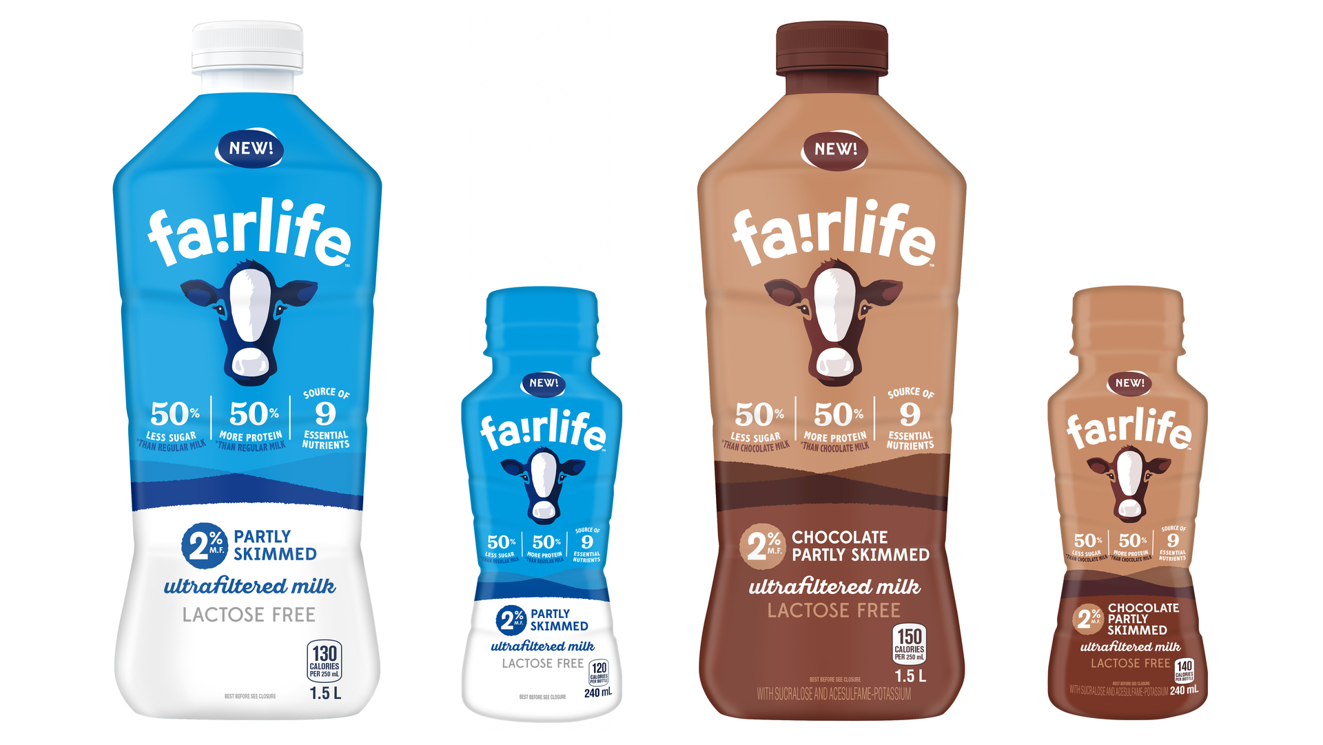 fairlife Ultrafiltered Milk shown in 1.5L 2% partly skimmed, 240mL 2% partly skimmed, 1.5L 2% chocolate partly skimmed, 240mL 2% chocolate partly skimmed. Will also be available in 1.5L Fat Free and 1.5L Whole 3.25%.