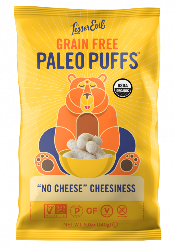 Paleo Puffs &ldquo;No Cheese&rdquo; Cheesiness. Available in 5 ounce and 1 ounce bags.