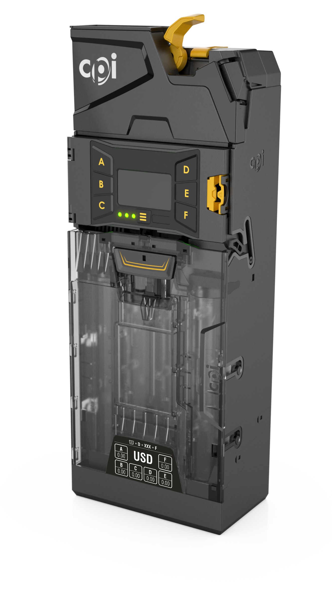 The Gryphon coin changer from CPI introduces proprietary sensing technology for increased fraud protection, additional motors for increased reliability, and 12% more tube capacity for advanced configuration options.