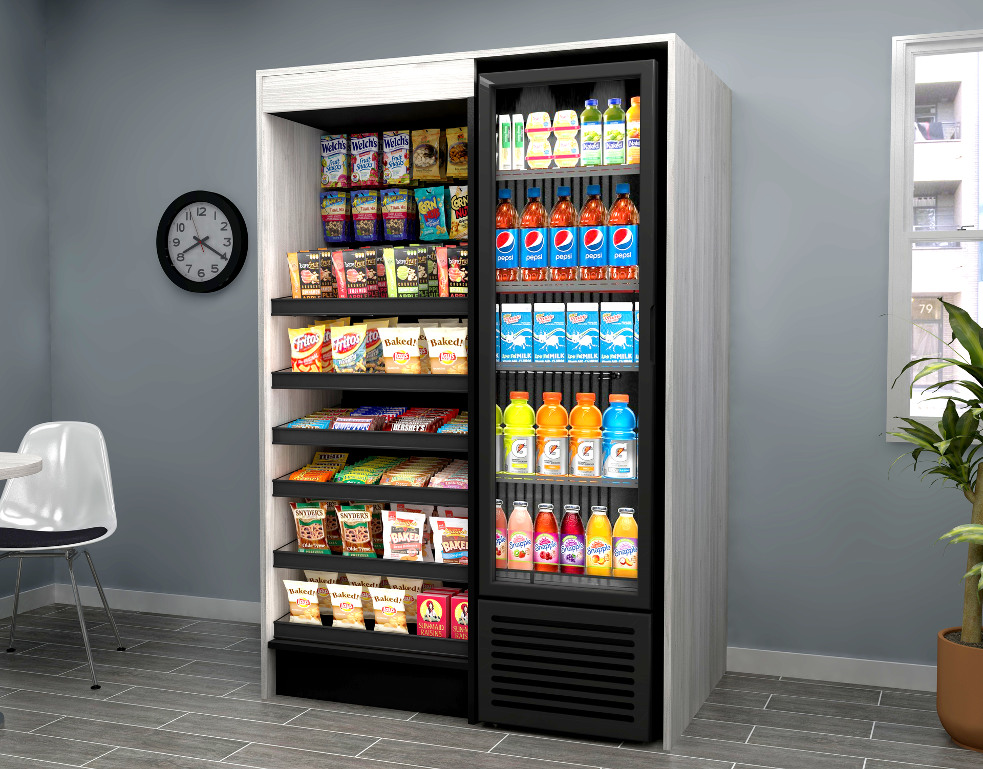 The v&imacr;v Fixturelite units, available in small, medium, medium-plus and large sizes, come equipped with health-locked coolers, wooden shelving, baskets, LED lighting and surrounds designed by Fixturelite.