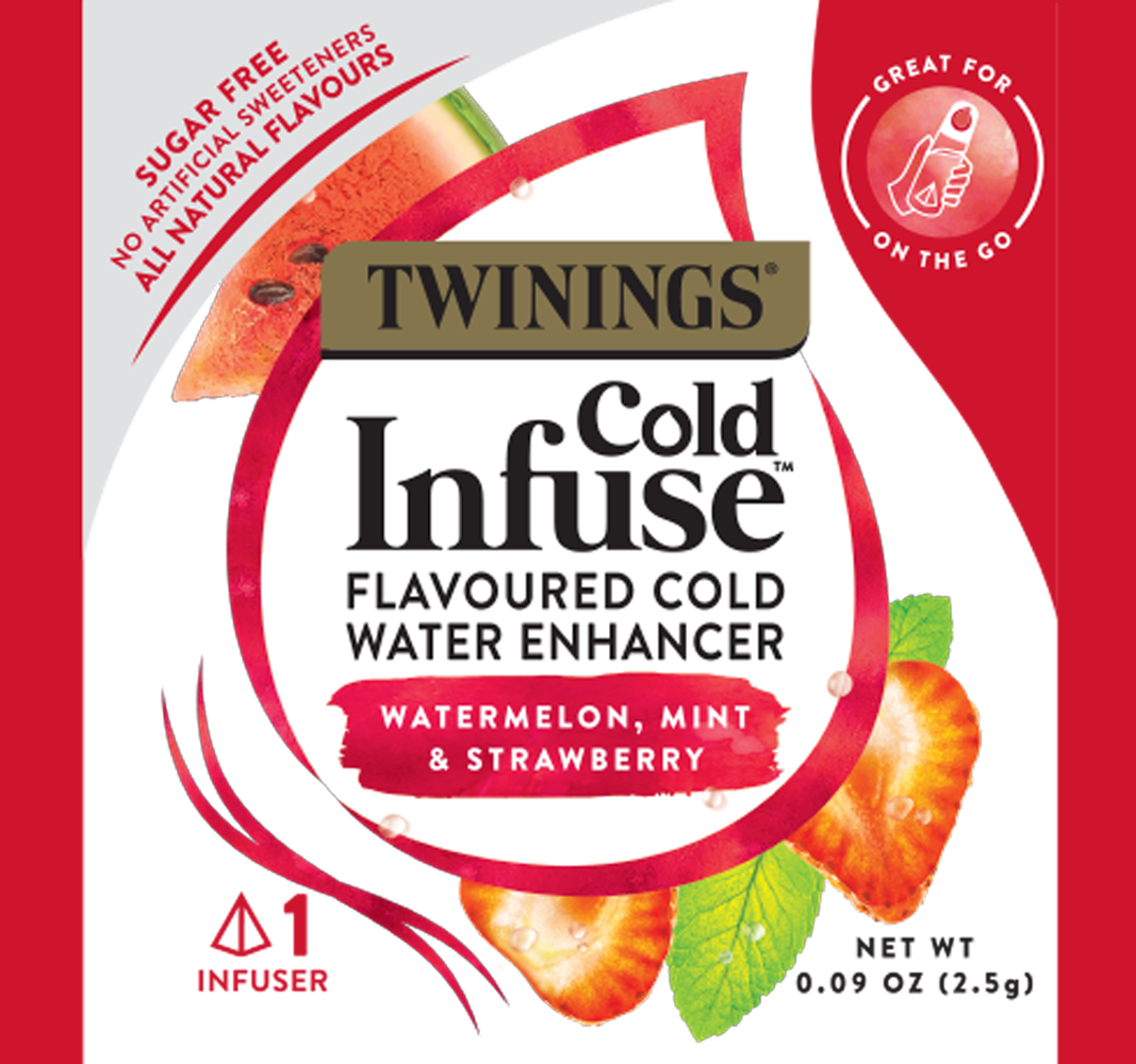 Twinings&circledR; Cold Infuse&trade; Herbal Water Enhancers come in the following flavors: Passionfruit, Mango & Blood Orange; Blueberry, Apple & Blackcurrant; and Watermelon, Mint & Strawberry