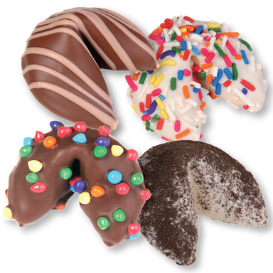 Van Wyk Confections' Famous Fortune Cookies&trade; flavors include Cookies & Cream, Chocolate Bits, Salted Caramel and Birthday Cake.