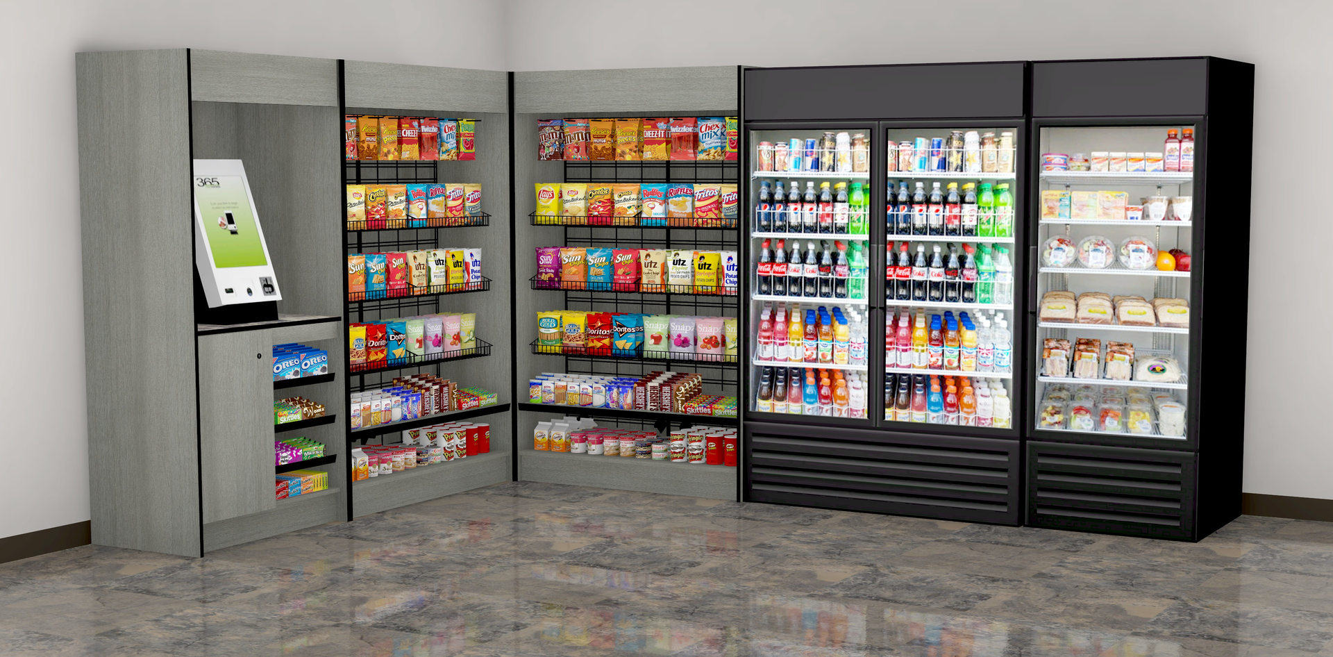 A typical rendering that Genesis D&eacute;cor would provide to a customer, showing three cabinets from the company's simple &ldquo;Market Basics&rdquo; package &ndash; a kiosk cabinet, and two snack cabinets.