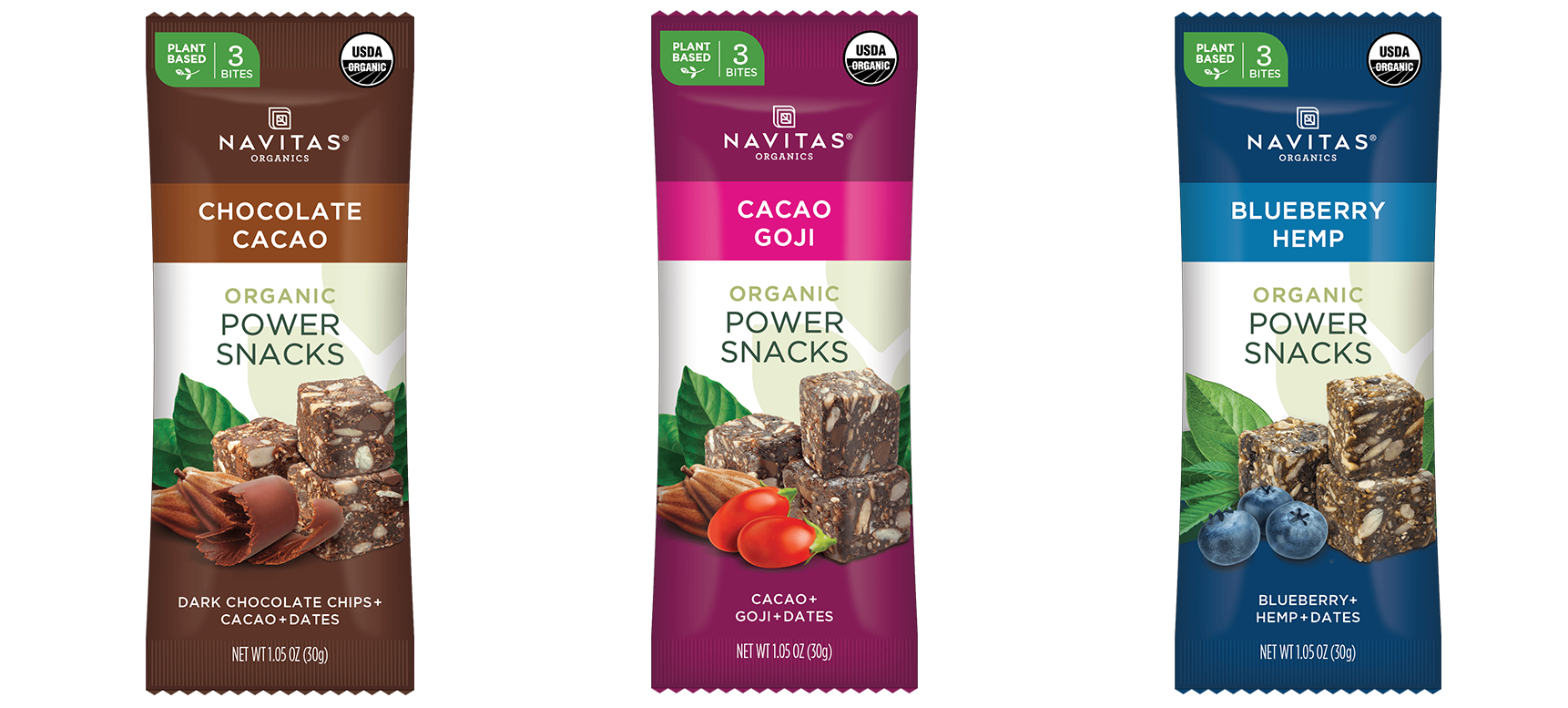 Chocolate Cacao (from left), Cacao Goji and Blueberry Hemp organic Power Snacks